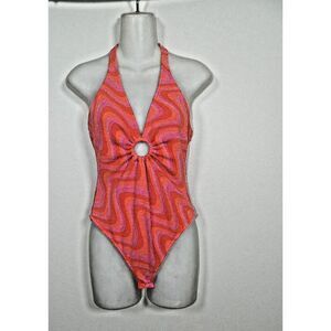 Zara Bodysuit Women's Size‎ Small Pink Orange Terry Cloth Geo Print Halter